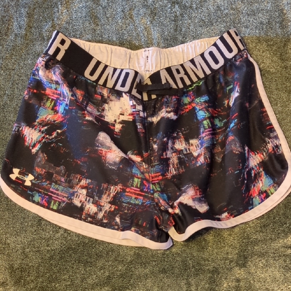 Under Armour Teen Black Shorts with Pink Trim and Multicolor Print